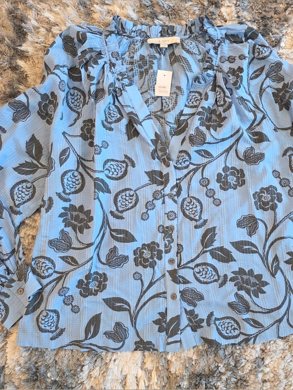 Light Blue Floral Button Long Sleeved Blouse